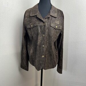 ELCC Faux Suede Button Up Jacket Women's Large Light Shimmer Brown Long Sleeve